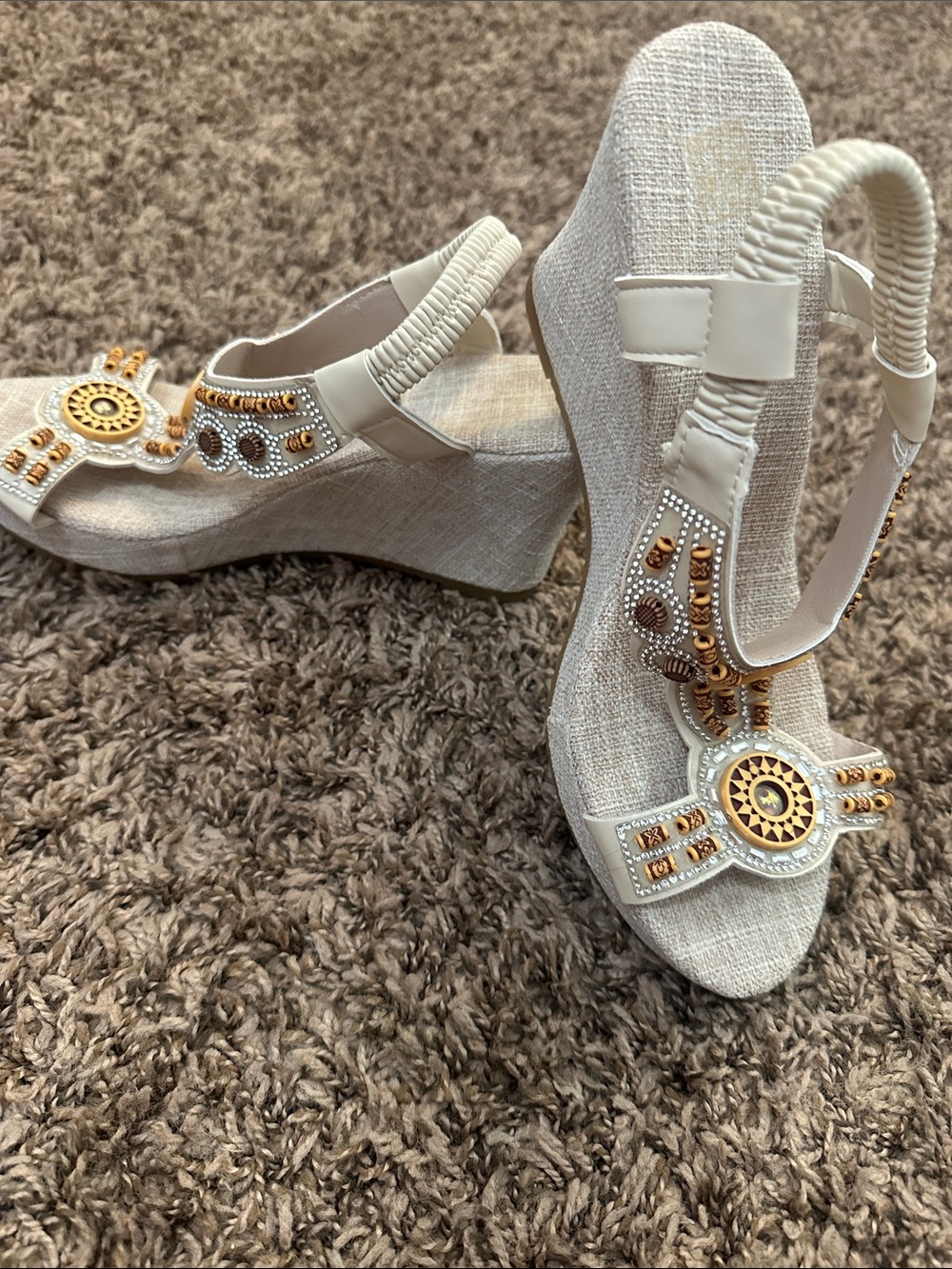 NWOT- Beaded Ivory Women's Slingback Sandals with Gold Accent
